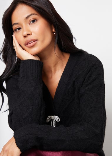 Threadbare Black Bow Detail Cable Knit Cardigan