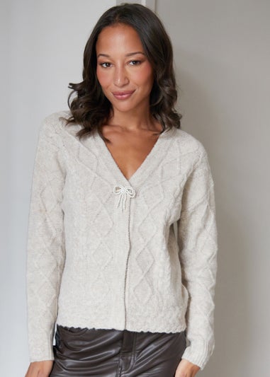 Threadbare Natural Bow Detail Cable Knit Cardigan