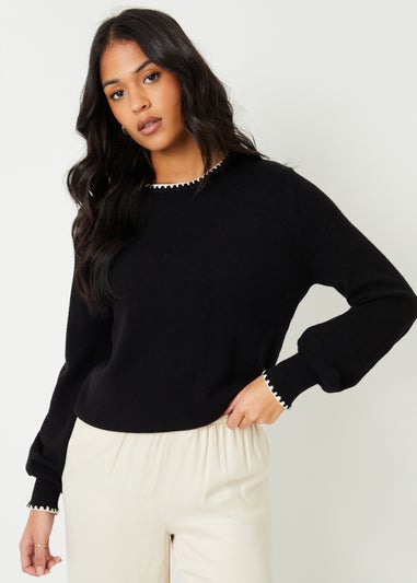 Threadbare Black Contrast Edge Balloon Sleeve Knitted Jumper