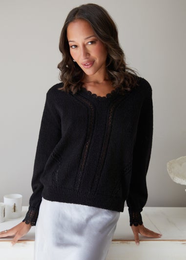 Threadbare Black Lace Trim V Neck Knitted Jumper