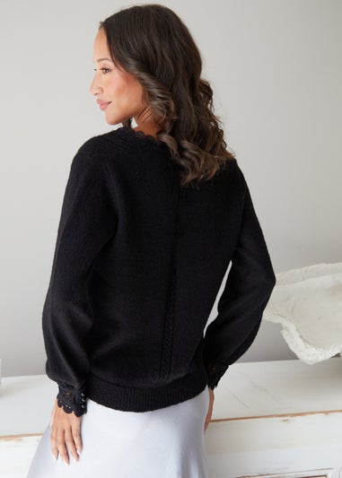 Threadbare Black Lace Trim V Neck Knitted Jumper