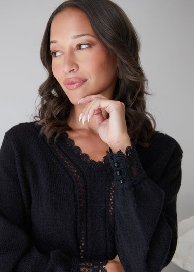 Threadbare Black Lace Trim V Neck Knitted Jumper