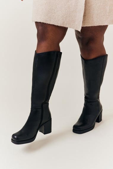 In The Style Black Chunky Heeled High Leg Boot in Extra Wide Calf Width