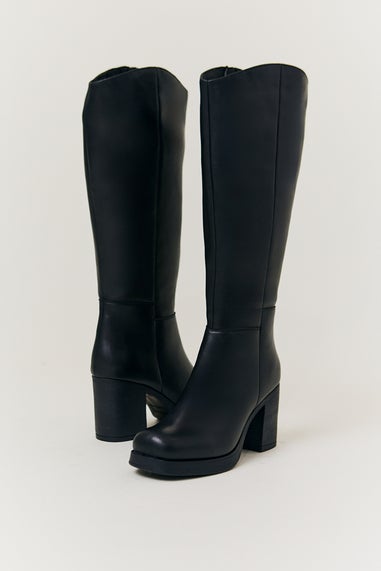 In The Style Black Chunky Heeled High Leg Boot in Extra Wide Calf Width