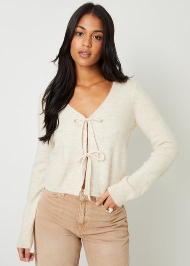 Threadbare Cream Tie Front V Neck Knitted Cardigan