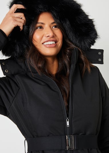 Threadbare Black Belted Padded Ski Jacket