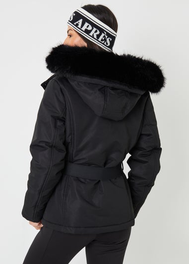 Threadbare Black Belted Padded Ski Jacket