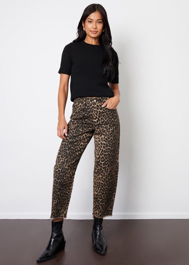 Threadbare Brown Leopard Print Barrel Leg Denim Jeans With Raw Hem