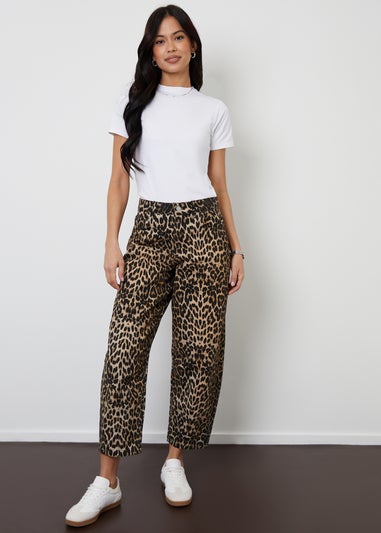 Threadbare Brown Leopard Print Barrel Leg Denim Jeans