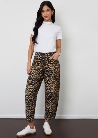 Threadbare Brown Leopard Print Barrel Leg Denim Jeans