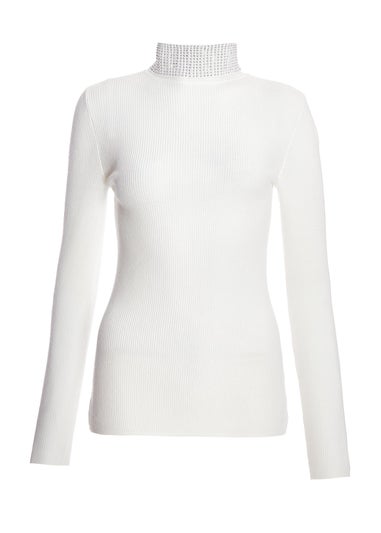 Quiz Cream Diamante Turtle Neck Jumper