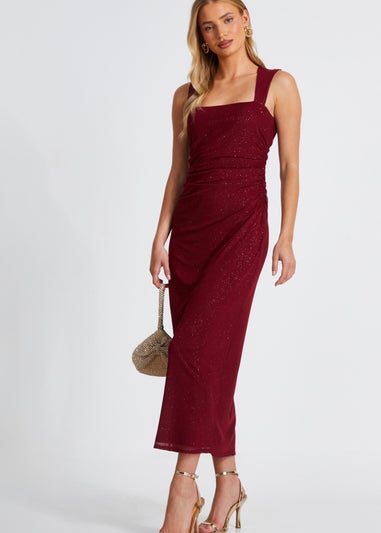 Quiz Burgundy Glitter Mesh Midaxi Dress Matalan