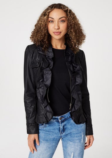 Izabel London Black Frilled Front Faux Leather Jacket