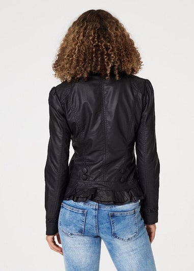 Izabel London Black Frilled Front Faux Leather Jacket