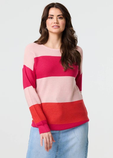 Izabel London Pink Striped Relaxed Knit Pullover