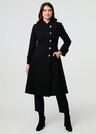 Izabel London Black Button Front Funnel Neck Coat