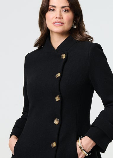 Izabel London Black Button Front Funnel Neck Coat