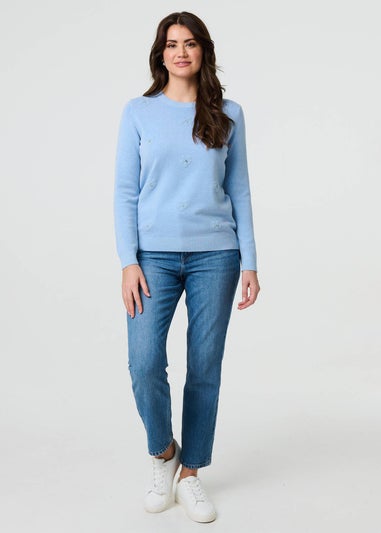 Izabel London Light Blue Floral Gemstone Embellished Jumper