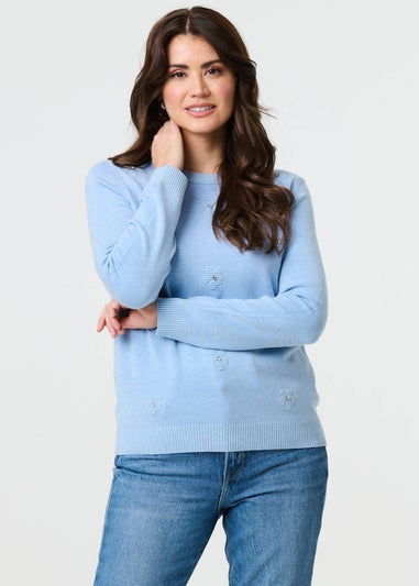 Izabel London Light Blue Floral Gemstone Embellished Jumper