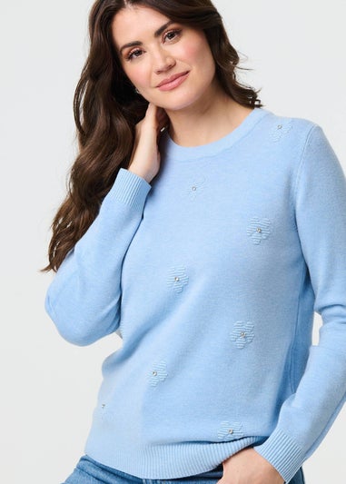 Izabel London Light Blue Floral Gemstone Embellished Jumper