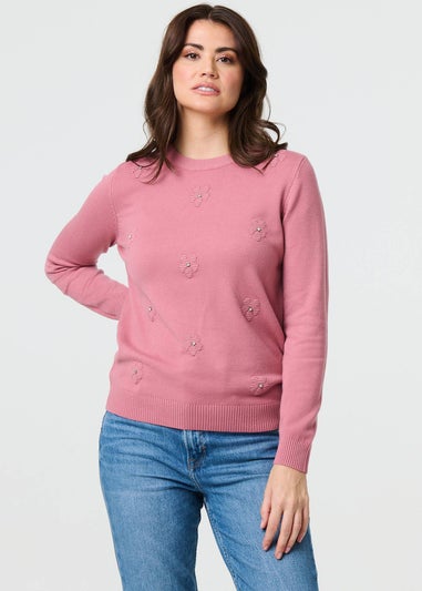 Izabel London Blush Floral Gemstone Embellished Jumper