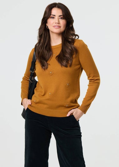 Izabel London Mustard Floral Gemstone Embellished Jumper