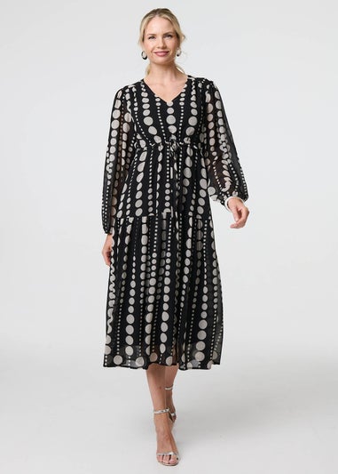 Izabel London Black Dotty Print Long Puff Sleeve Midi Dress