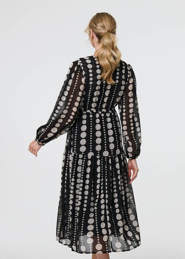 Izabel London Black Dotty Print Long Puff Sleeve Midi Dress