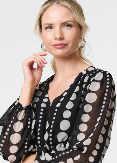 Izabel London Black Dotty Print Long Puff Sleeve Midi Dress