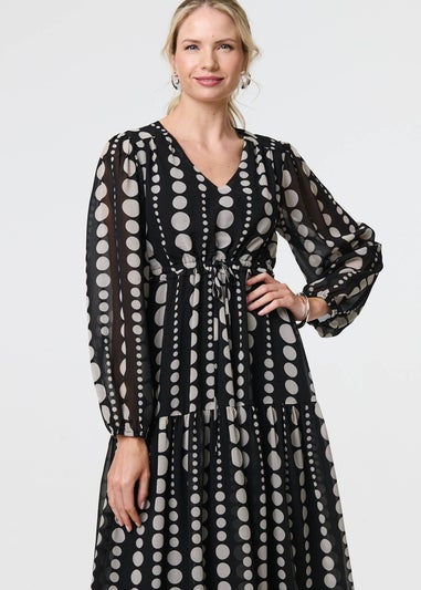 Izabel London Black Dotty Print Long Puff Sleeve Midi Dress