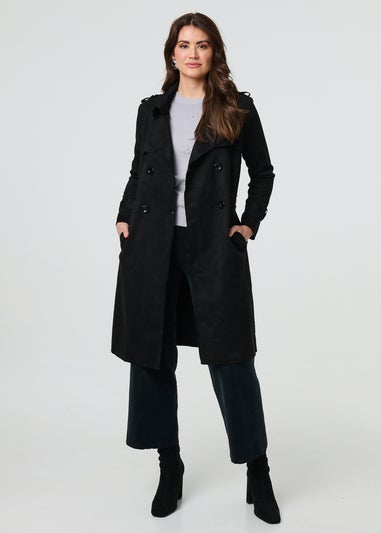 Izabel London Black Suede Tie Waist Button Front Trench Coat