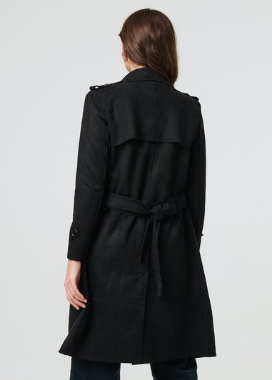 Izabel London Black Suede Tie Waist Button Front Trench Coat