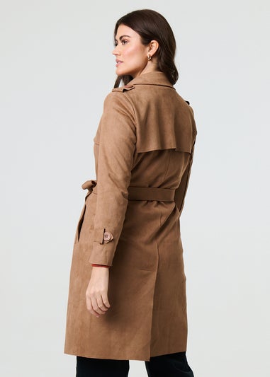 Izabel London Brown Suede Tie Waist Button Front Trench Coat