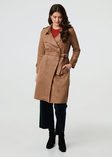 Izabel London Brown Suede Tie Waist Button Front Trench Coat