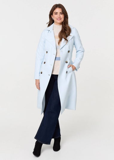 Izabel London Light Blue Slim Knee Length Tie Waist Trench Coat