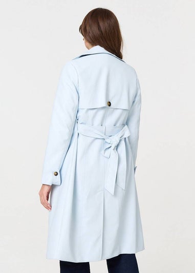 Izabel London Light Blue Slim Knee Length Tie Waist Trench Coat