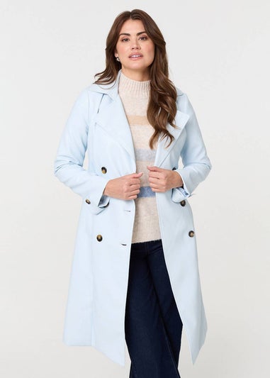 Izabel London Light Blue Slim Knee Length Tie Waist Trench Coat