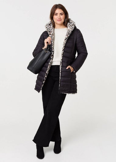 Izabel London Black Reversible Animal Print Puffer Jacket