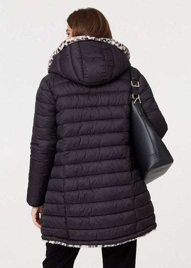 Izabel London Black Reversible Animal Print Puffer Jacket