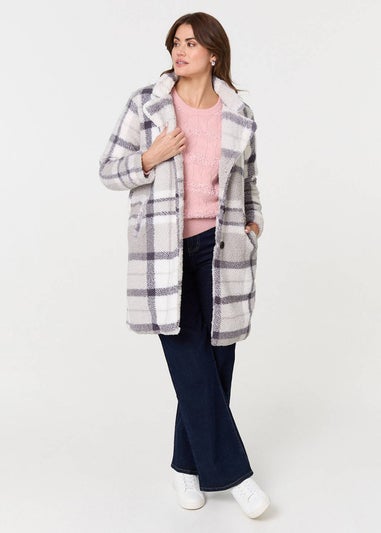 Izabel London Grey Checked Teddy Fur Thigh Length Jacket