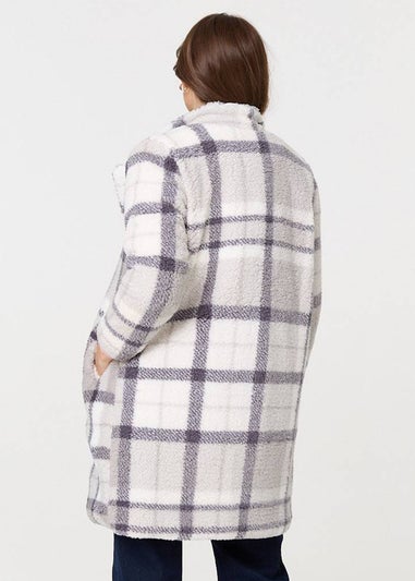 Izabel London Grey Checked Teddy Fur Thigh Length Jacket