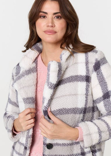 Izabel London Grey Checked Teddy Fur Thigh Length Jacket