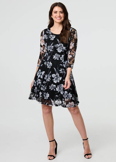 Izabel London Black Floral Semi Sheer Lace Layer Short Dress