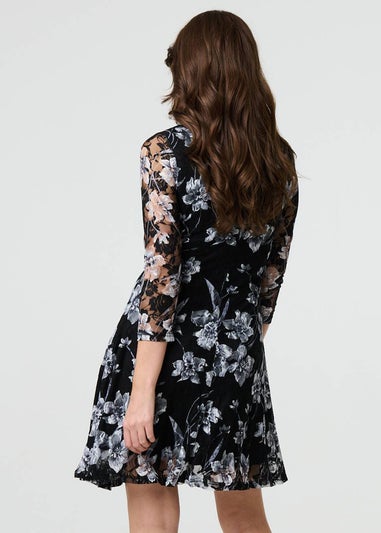 Izabel London Black Floral Semi Sheer Lace Layer Short Dress