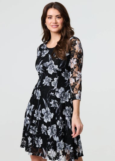 Izabel London Black Floral Semi Sheer Lace Layer Short Dress
