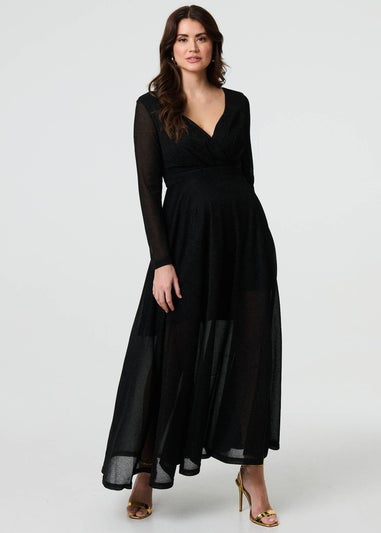 Izabel London Black Sparkly V-Neck Long Sleeve Maxi Dress