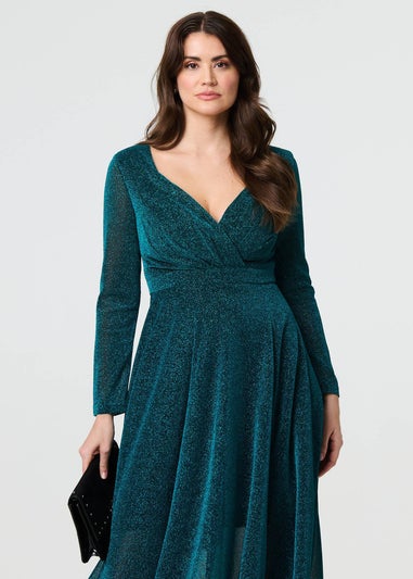 Izabel London Green Sparkly V-Neck Long Sleeve Maxi Dress