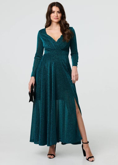 Izabel London Green Sparkly V-Neck Long Sleeve Maxi Dress