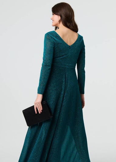 Izabel London Green Sparkly V-Neck Long Sleeve Maxi Dress