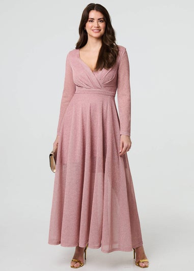 Izabel London Pink Sparkly V-Neck Long Sleeve Maxi Dress